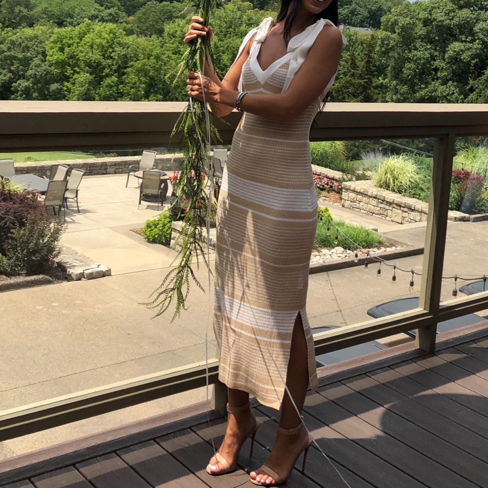 Vici Endless Rose Tan and White Striped Midi Knit Dress